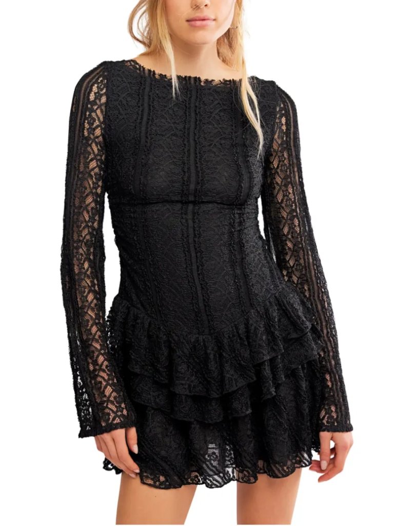 Free People Tabby Lace Long Sleeve Minidress Black Ruffled Ruched Size M Nwt